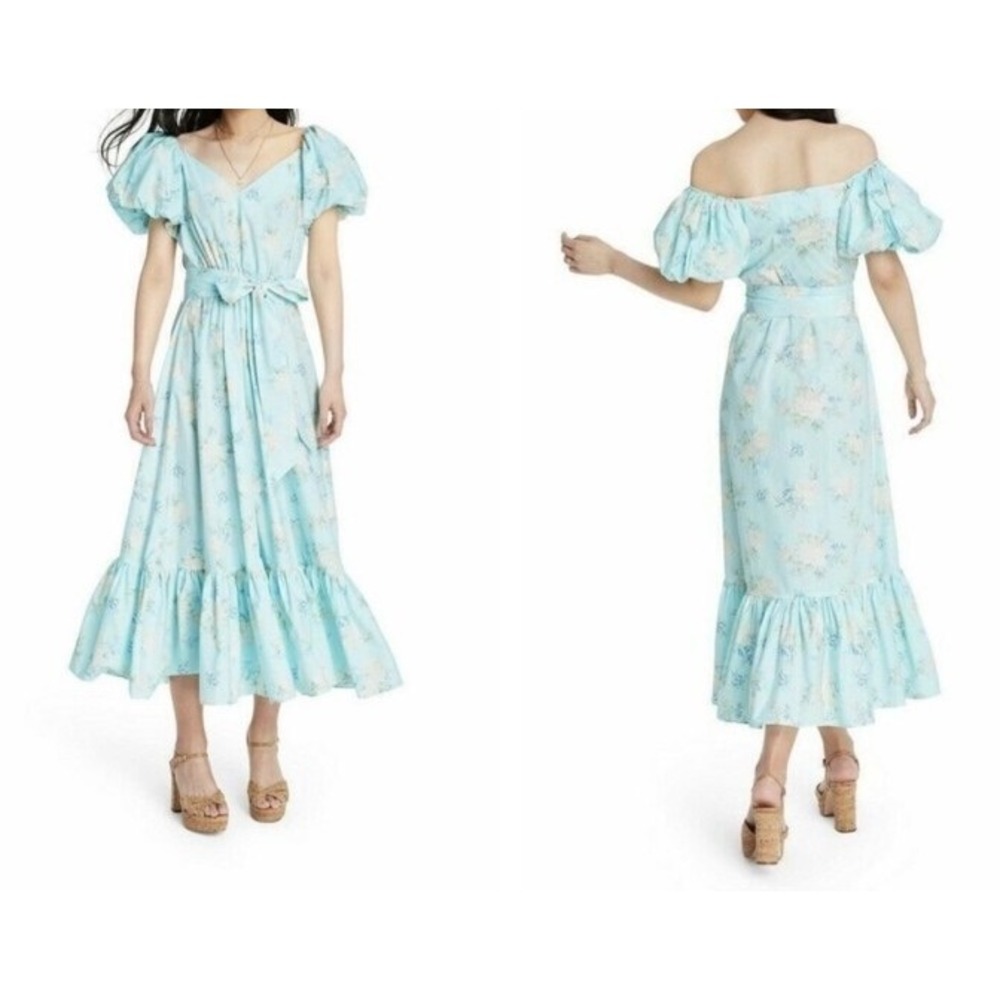 LoveShackFancy x Target Floral Puff Sleeve Midi Dress Light Blue‎ Size 0